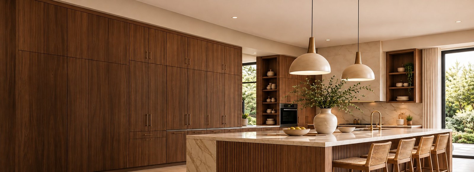 Warm walnut cabinetry and a cream stone island in a sunlit contemporary kitchen
